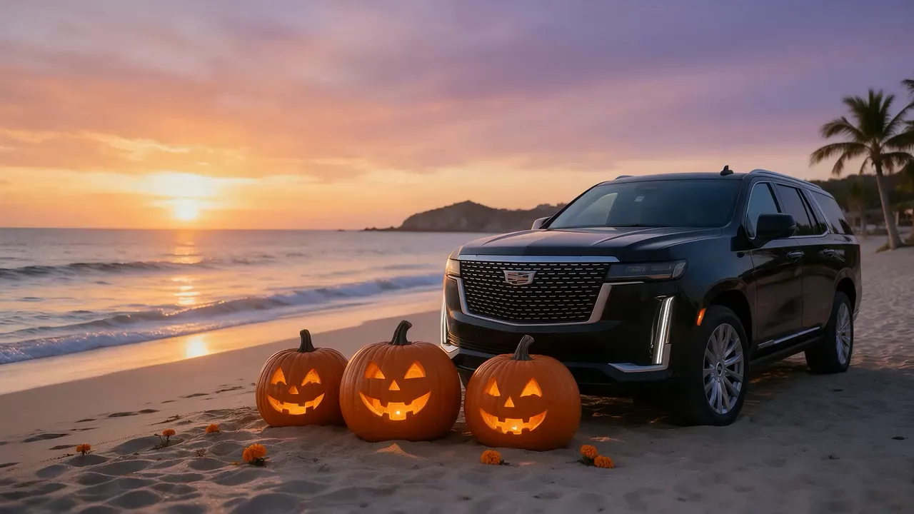 Black Escalade from All Ways Cabo Transportation parked on a Cabo beach at sunset with glowing jack-o'-lanterns
